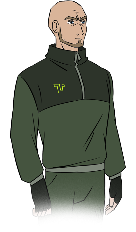 Illustration von Tim, in einem grünen Pullover und Jacke und gelbes TT auf der rechten Brust