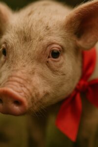 Schwein mit einer roten Schleife um den Hals, welches verlos werden soll (KI-generiert)